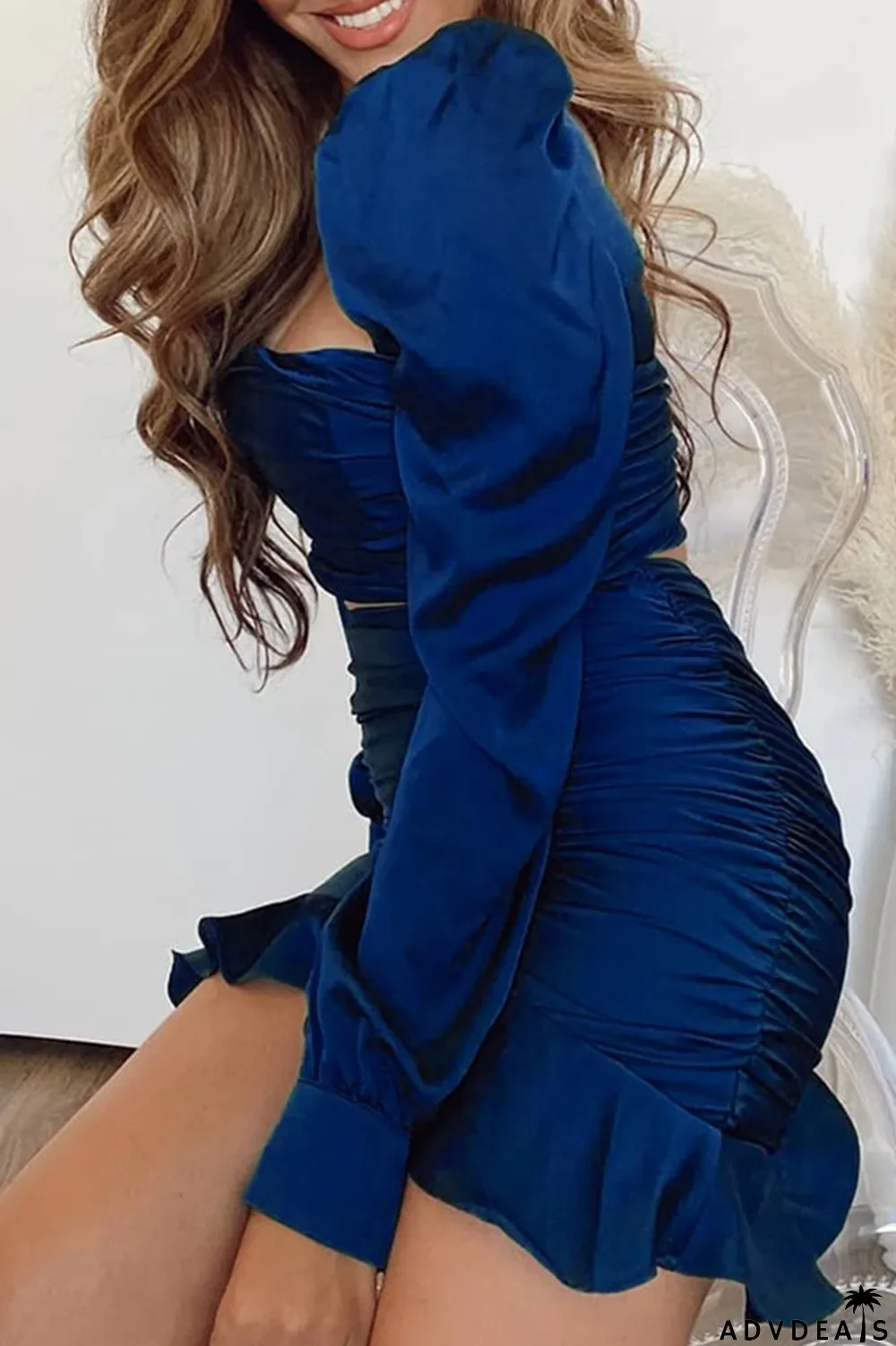 Sexy Solid Flounce Square Collar Long Sleeve Two Pieces