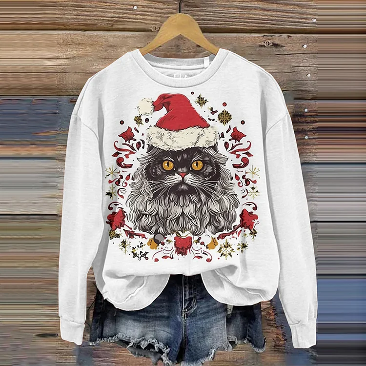 Comstylish Christmas Cute Cat Print Pullover Sweatshirt