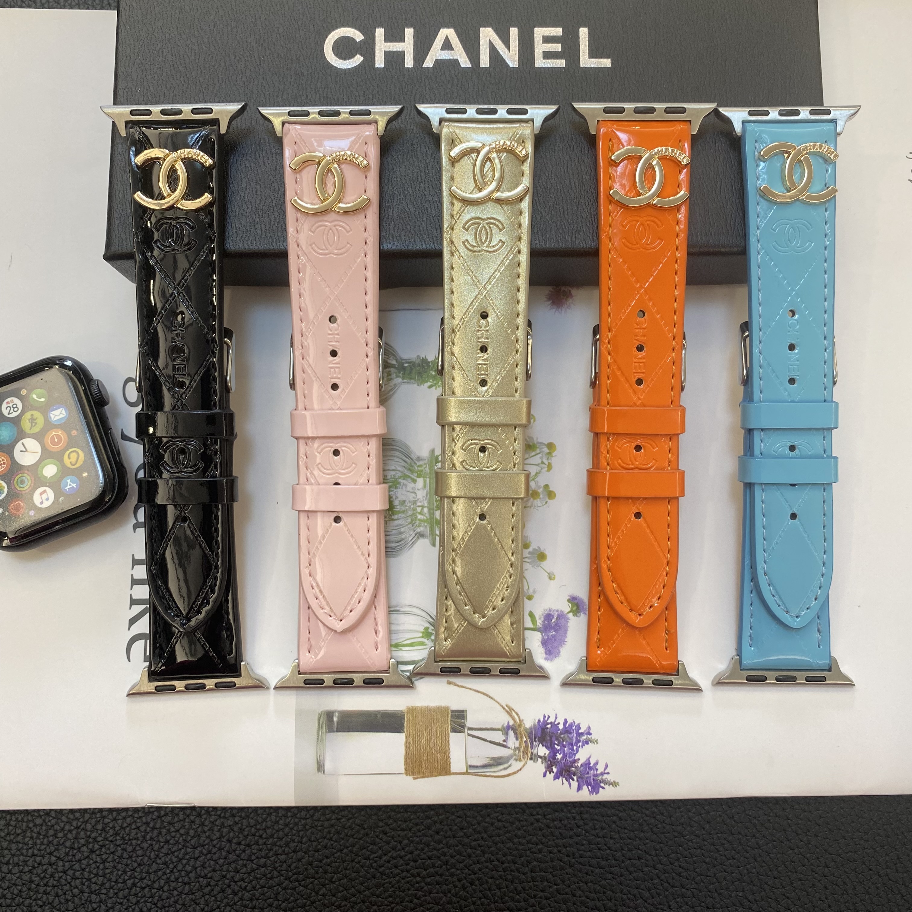 Chanel Glossy Leather Apple Watch Strap Luxury Metal Logo