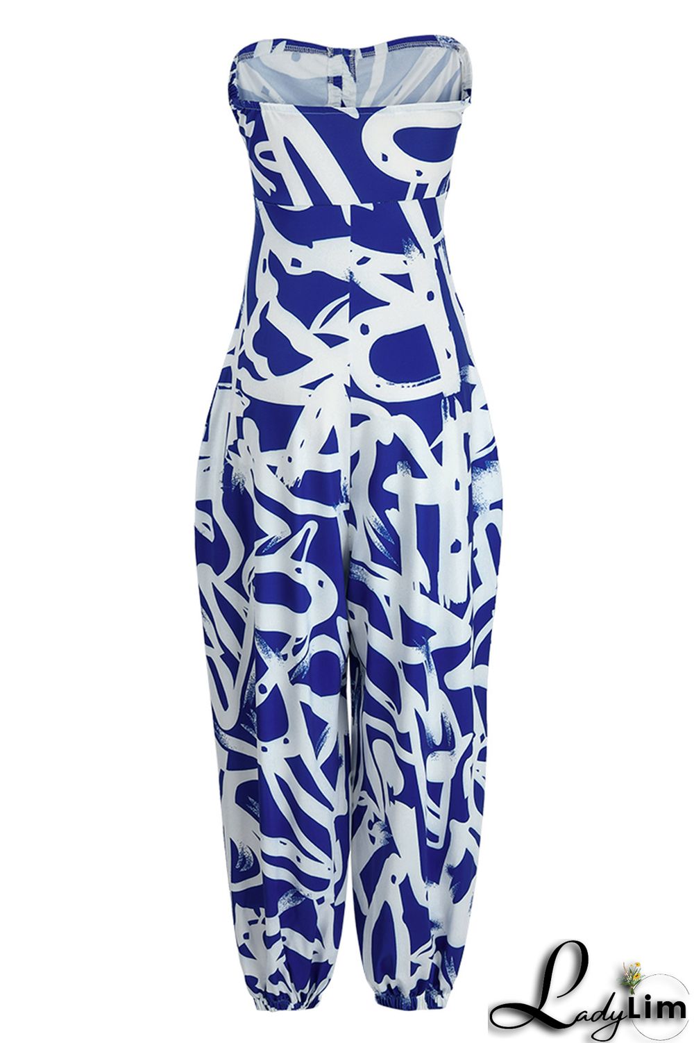 Blue Fashion Sexy Casual Print Backless Strapless Regular Jumpsuits