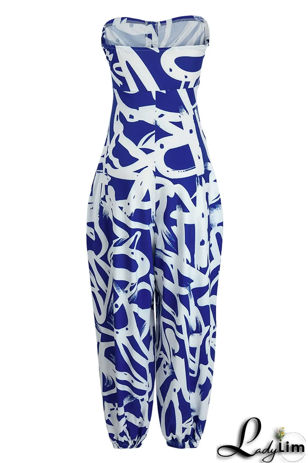 Blue Fashion Sexy Casual Print Backless Strapless Regular Jumpsuits