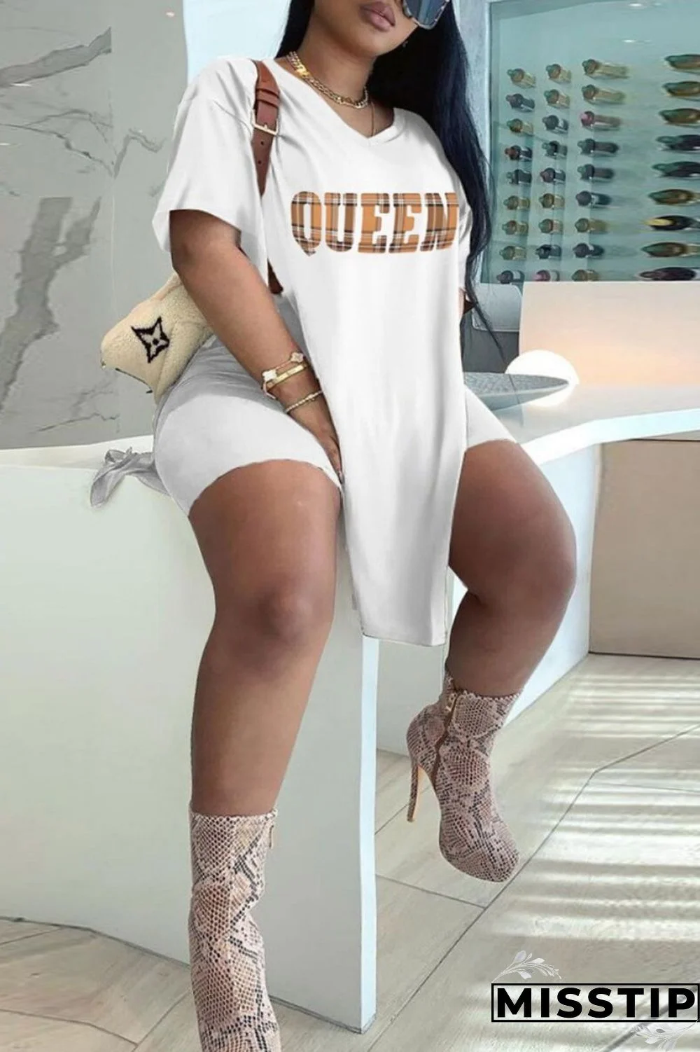 Black White Casual Print Patchwork V Neck Plus Size Two Pieces