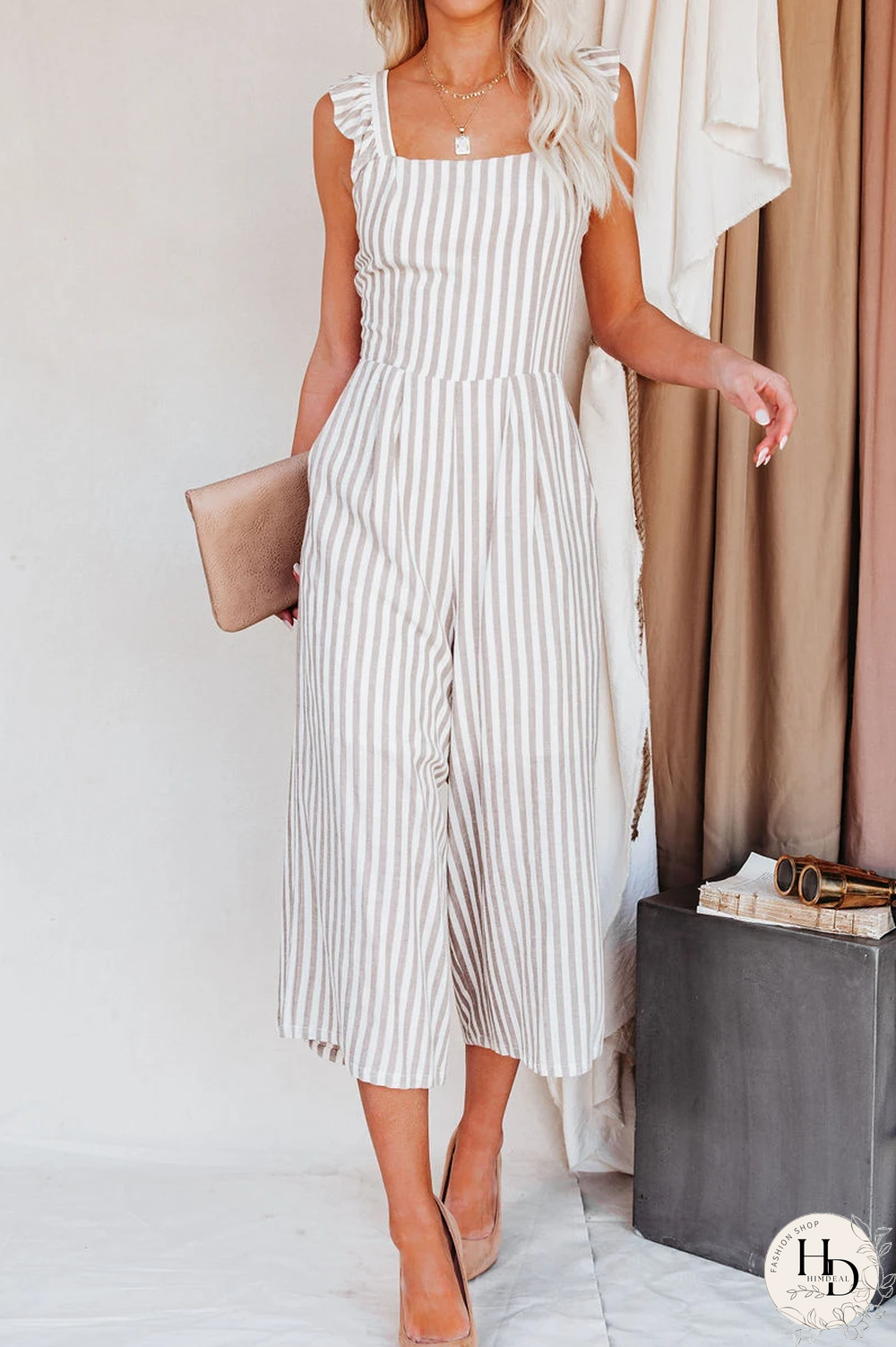 KarliDress Flip Side Pocketed Striped Ruffle Jumpsuit P12525