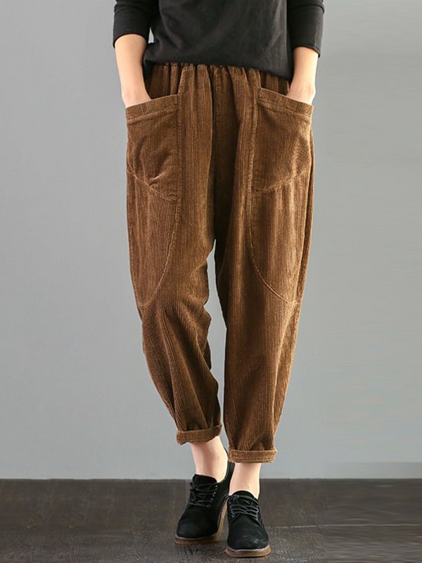 Artistic Retro Corduroy Split-Joint With Pocket Elasticity Solid Color Casual Pants