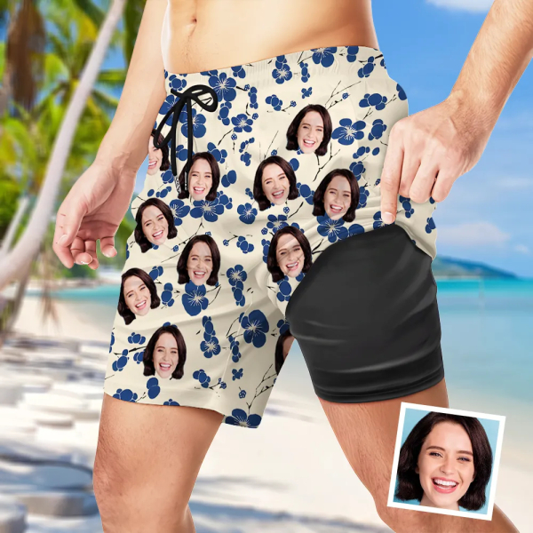 Custom Cherry Blossom Men&rsquo;s Beach Shorts Personalized Photo  Hawaiian Japanese Art Sports Shorts Gift For Him For Husband elevenforest