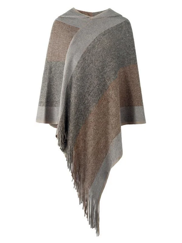 Women's Knit Shawl Fringed Hem Striped Stitching Sweater Top