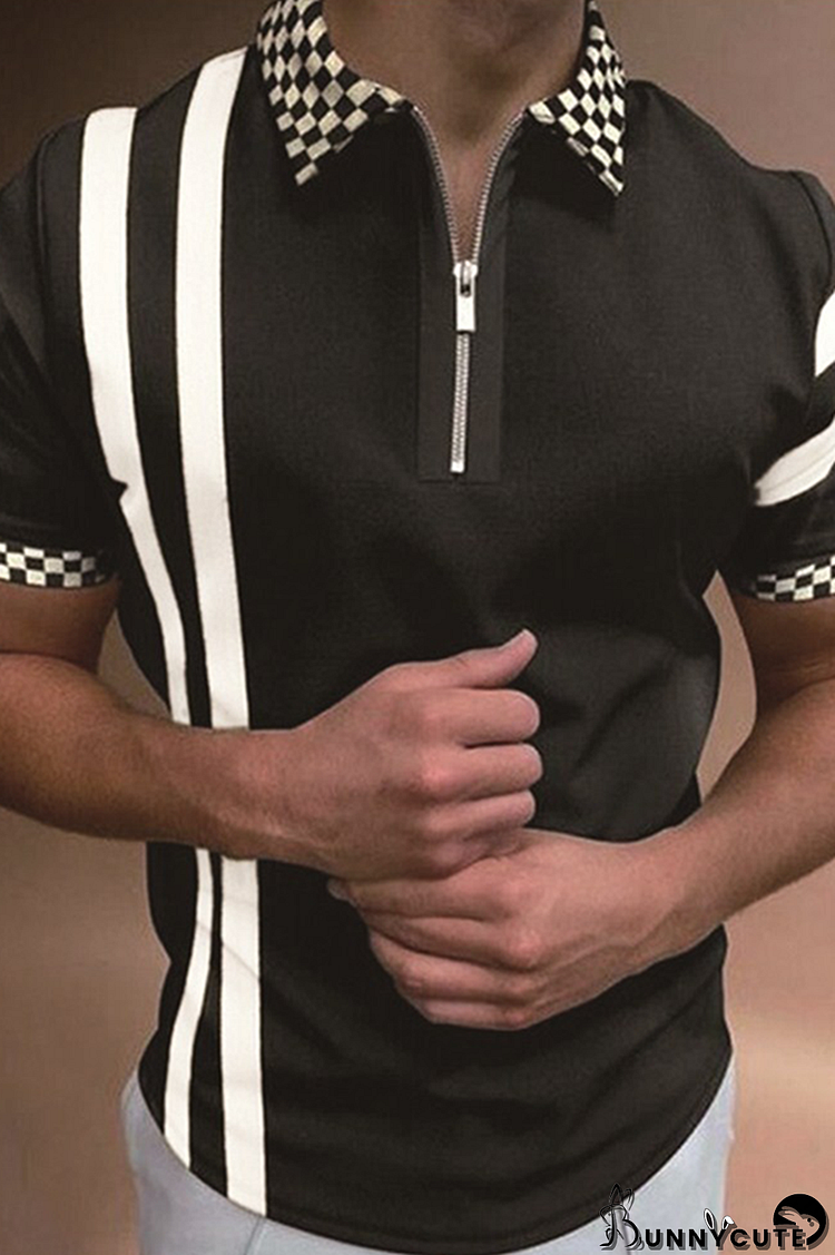 Black Fashion Casual Plaid Striped Split Joint Zipper POLO collar Tops