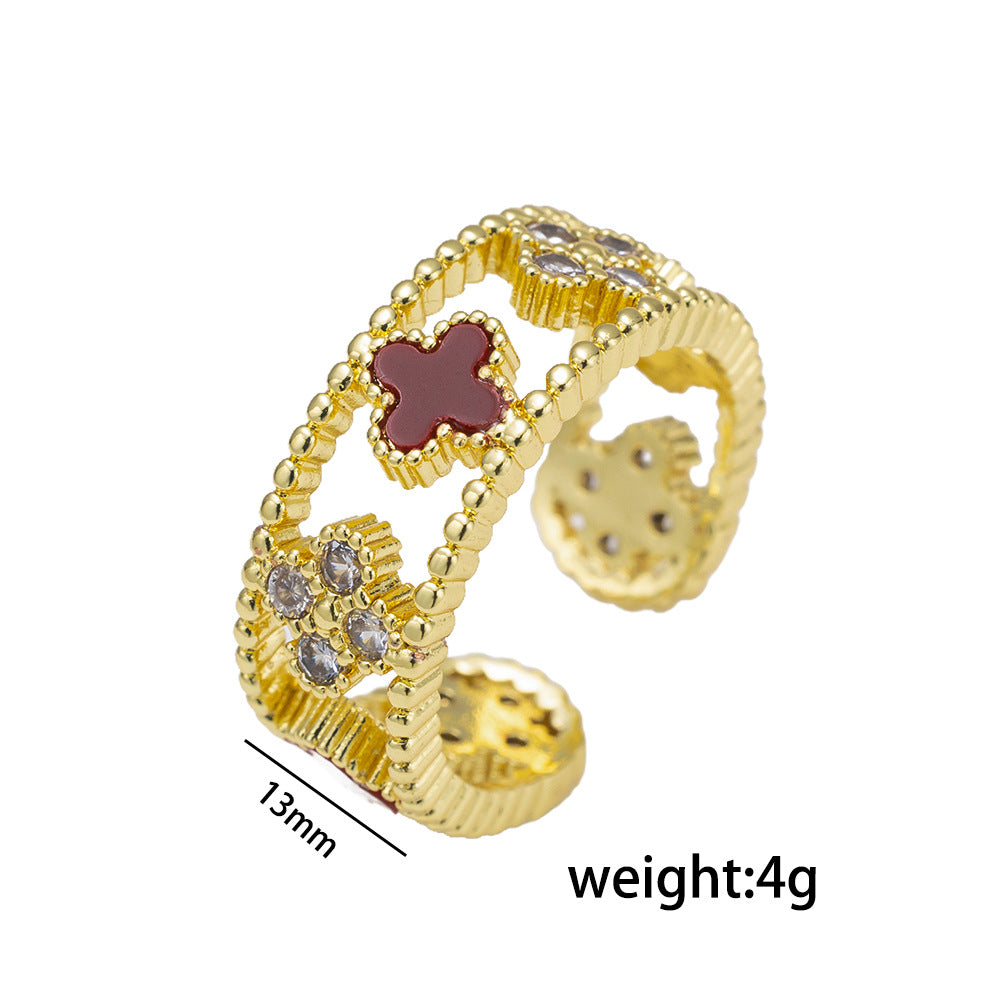 Ring Niche Four-Leaf Clover Zircon Ring Female Retro Open Adjustable Ring