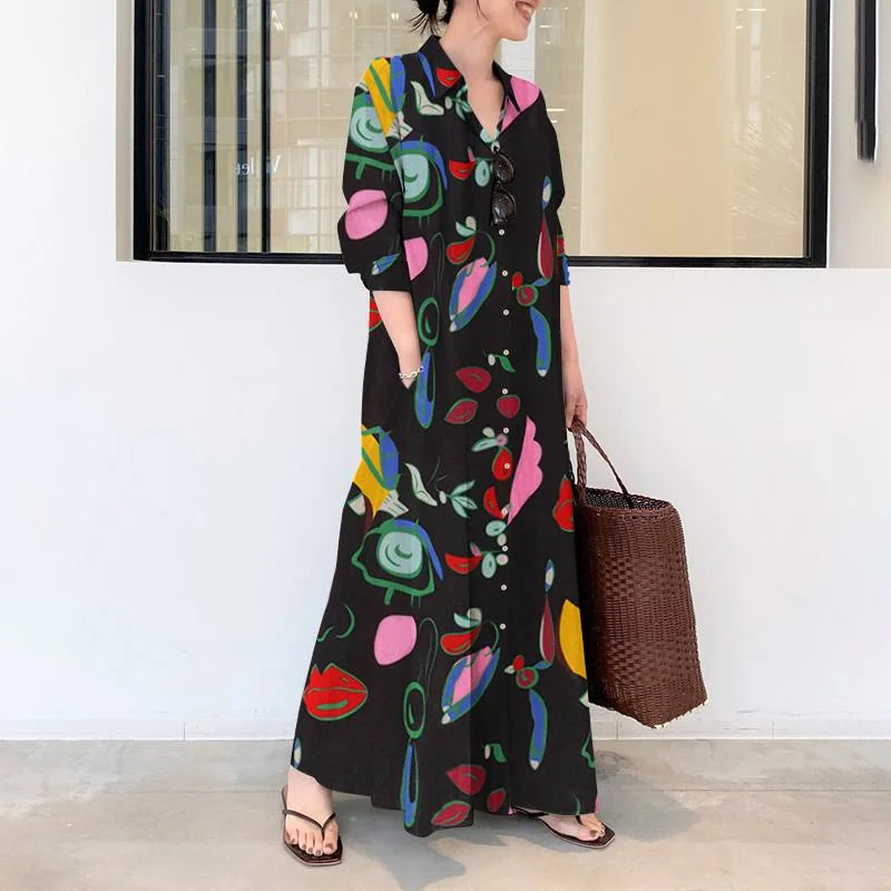 Women's Spring Floral Sundress ZANZEA 2022 Kaftan Shirt Dress Long Sleeve Maxi Vestidos Female Printed Lapel Robe