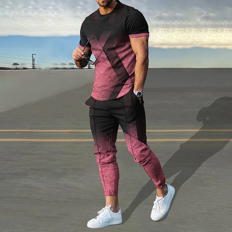 BrosWear Pink Gradient Geometry T-Shirt And Pants Co-Ord