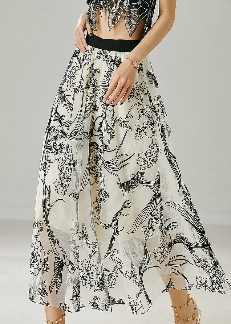 Art White Elastic Waist Print Tulle Skirts Summer