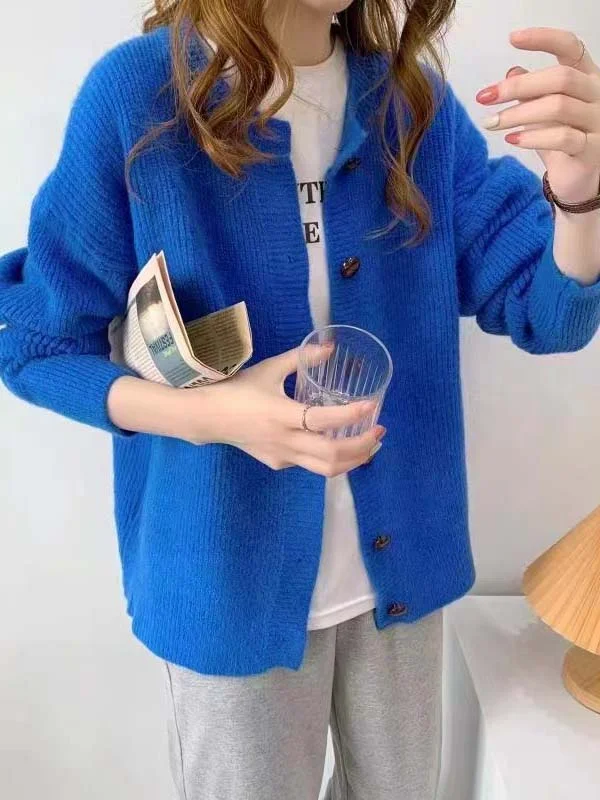 Minimalist Long Sleeves Roomy Buttoned Pure Color Round-Neck Cardigan Tops