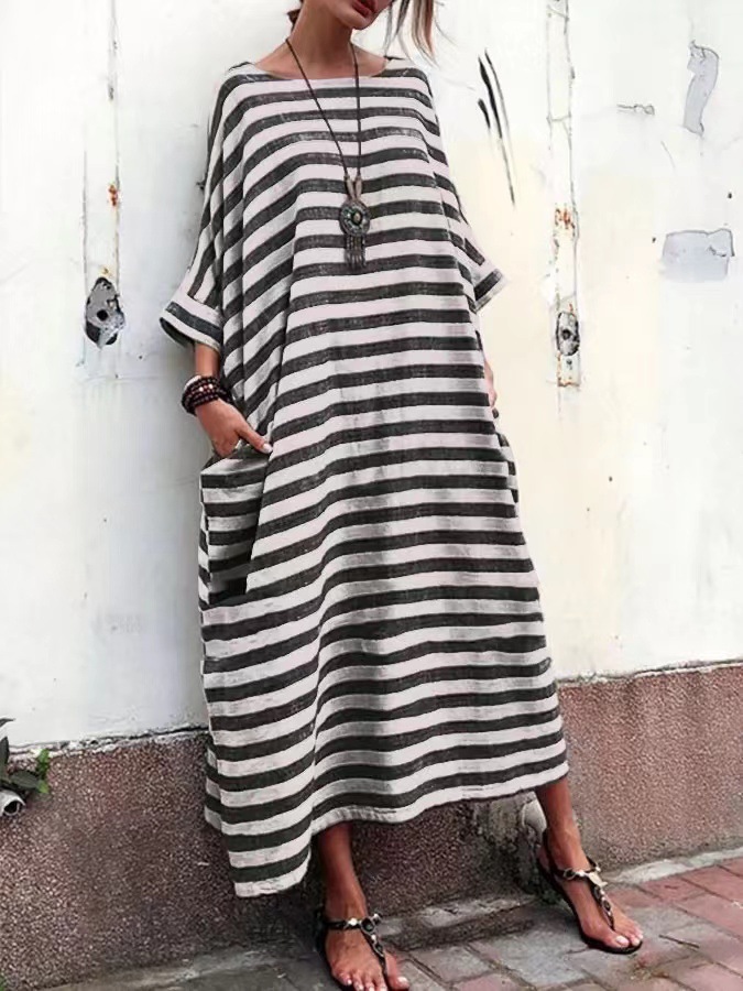 Mature Women Cotton And Linen Stripes Loose Plus Size Long Dress