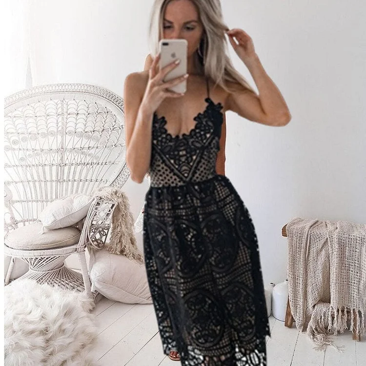 Luditu Midi Dress, Sundress, Strapy Lace Chloe  in White, and Black