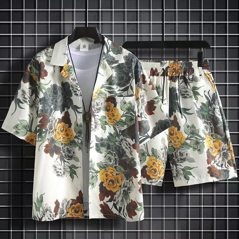 Wlmerlist New Summer Fashion Beach 2PCS Suits Mens Print Short Sleeve Shirt Tops And Shorts Two Piece Set Couple Hawaiian Holiday Outfits