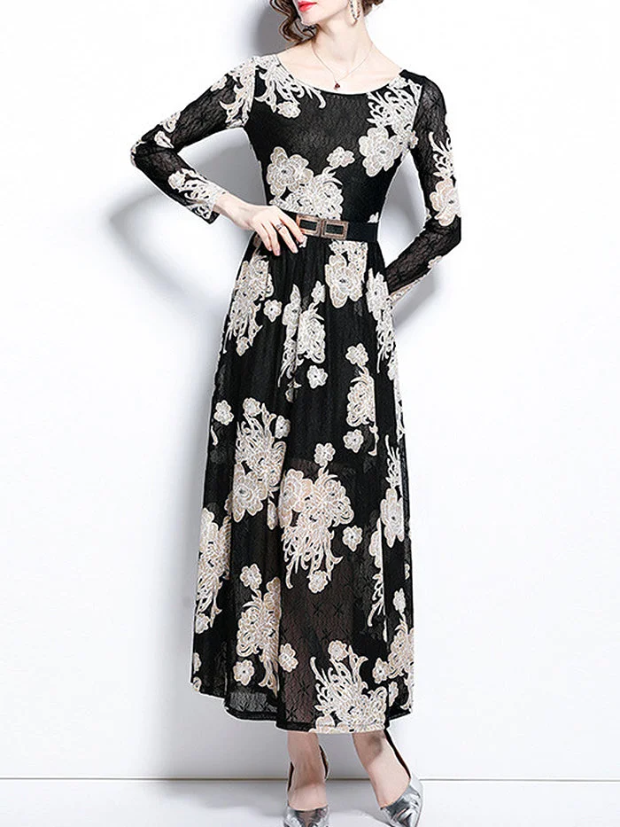 Lace Embroidery Long-sleeved A-line Dress
