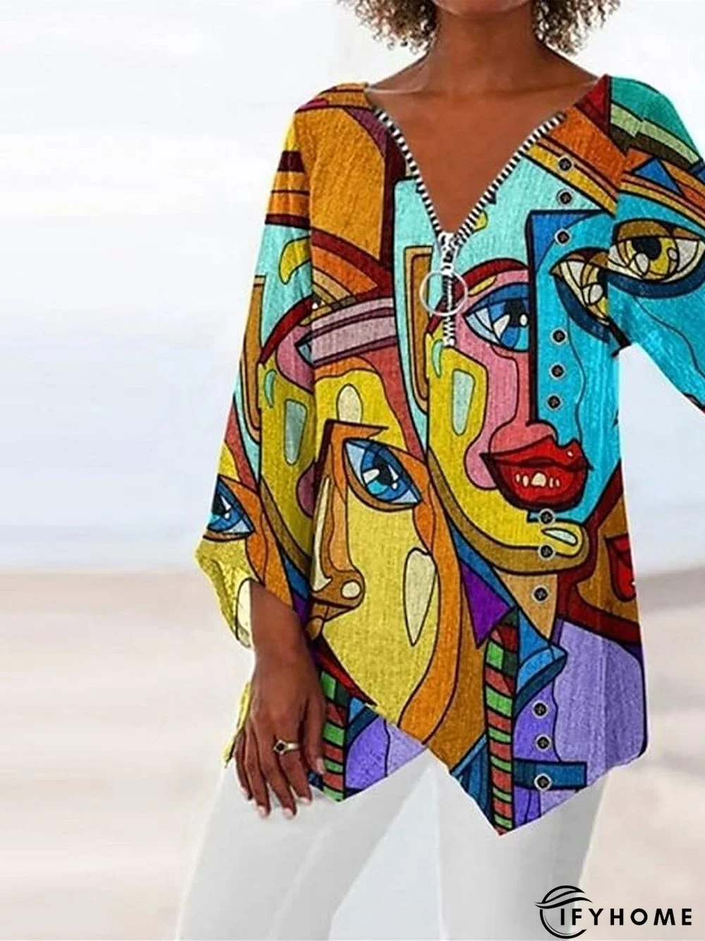 Women's T shirt Tee White Blue Brown Portrait Flowing tunic Print Long Sleeve Daily Weekend Basic V Neck Long Abstract Portrait Painting S | IFYHOME