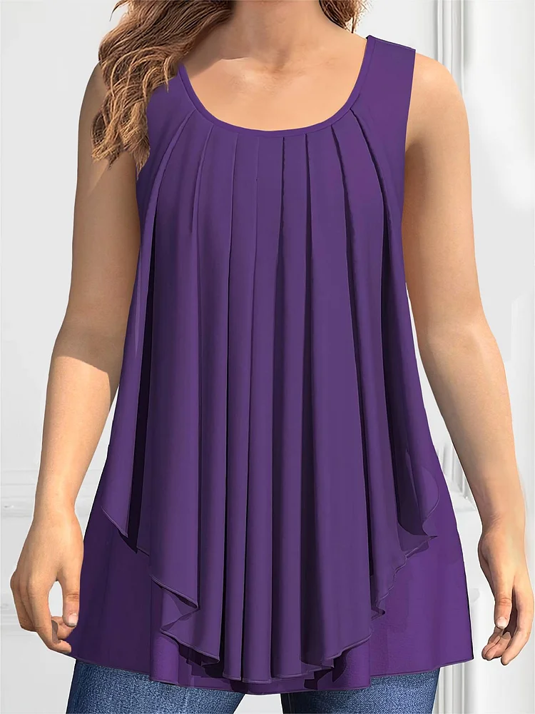 Large casual chiffon double layered pleated asymmetrical hem top