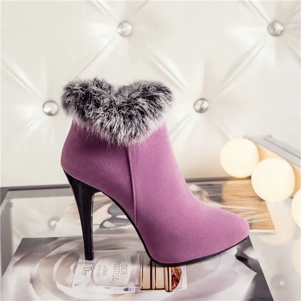 Meotina Sexy Women Boots Winter High Heels Ankle Boots Shoes Women Fall Ladies Short Boots Snow Fur Zip White Red Big Size 11 45