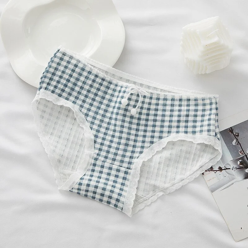 Billionm Wind Black Underwear Women's Cute Bow Plaid Print Seamless Bag Hip Fungus Edge Female Panties Student Breathable Lolita