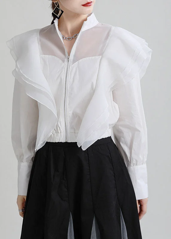 Women White Zip Up Patchwork Ruffled Cotton Shirt Top Fall