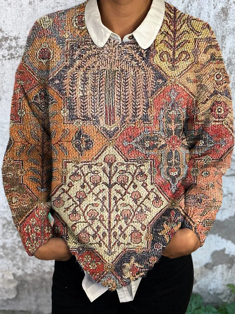 Women's Ethnic Art Print Knitted Pullover Sweater