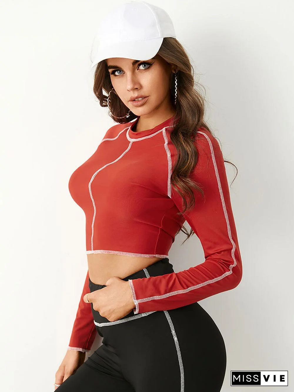 Contrast Color Stitch Long Sleeve Crew Neck Crop Top