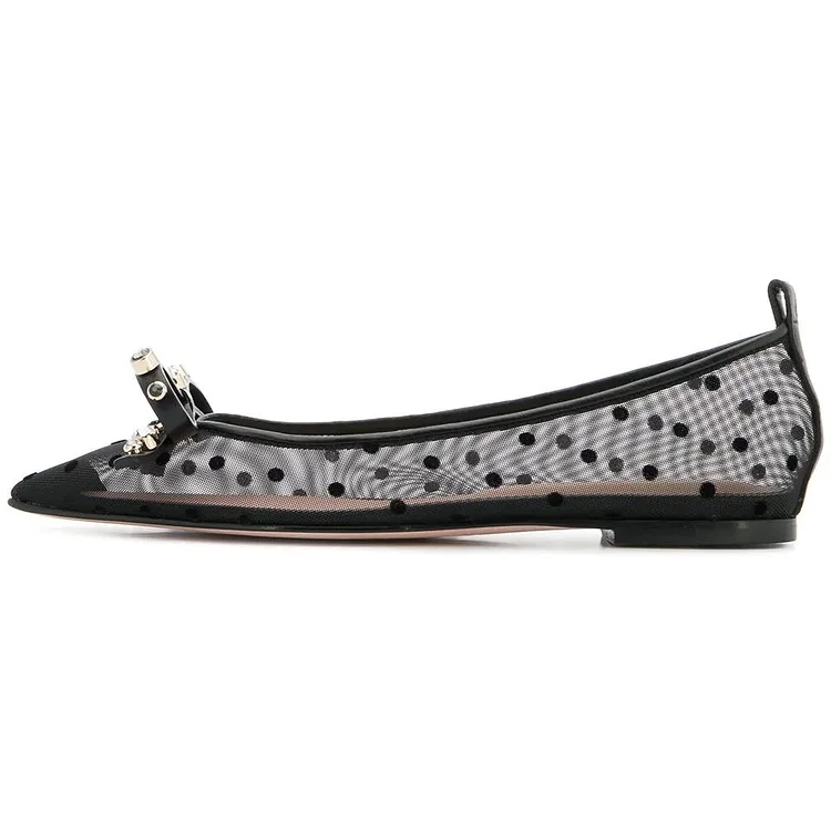 Black Polka Dot Mesh Flats with Comfortable Bow Studs Vdcoo