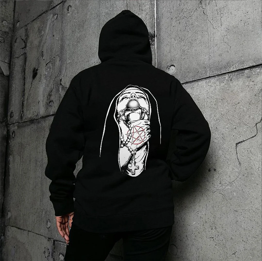 Nun Chocking Graphic Casual Front Pocket Black Print Hoodie