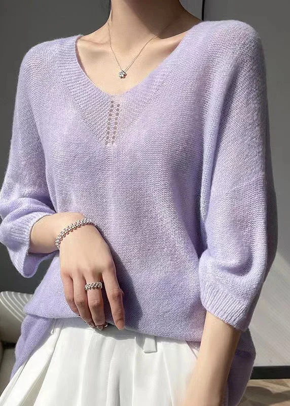 Boutique Purple V Neck Cashmere Shirt Tops Bracelet Sleeve
