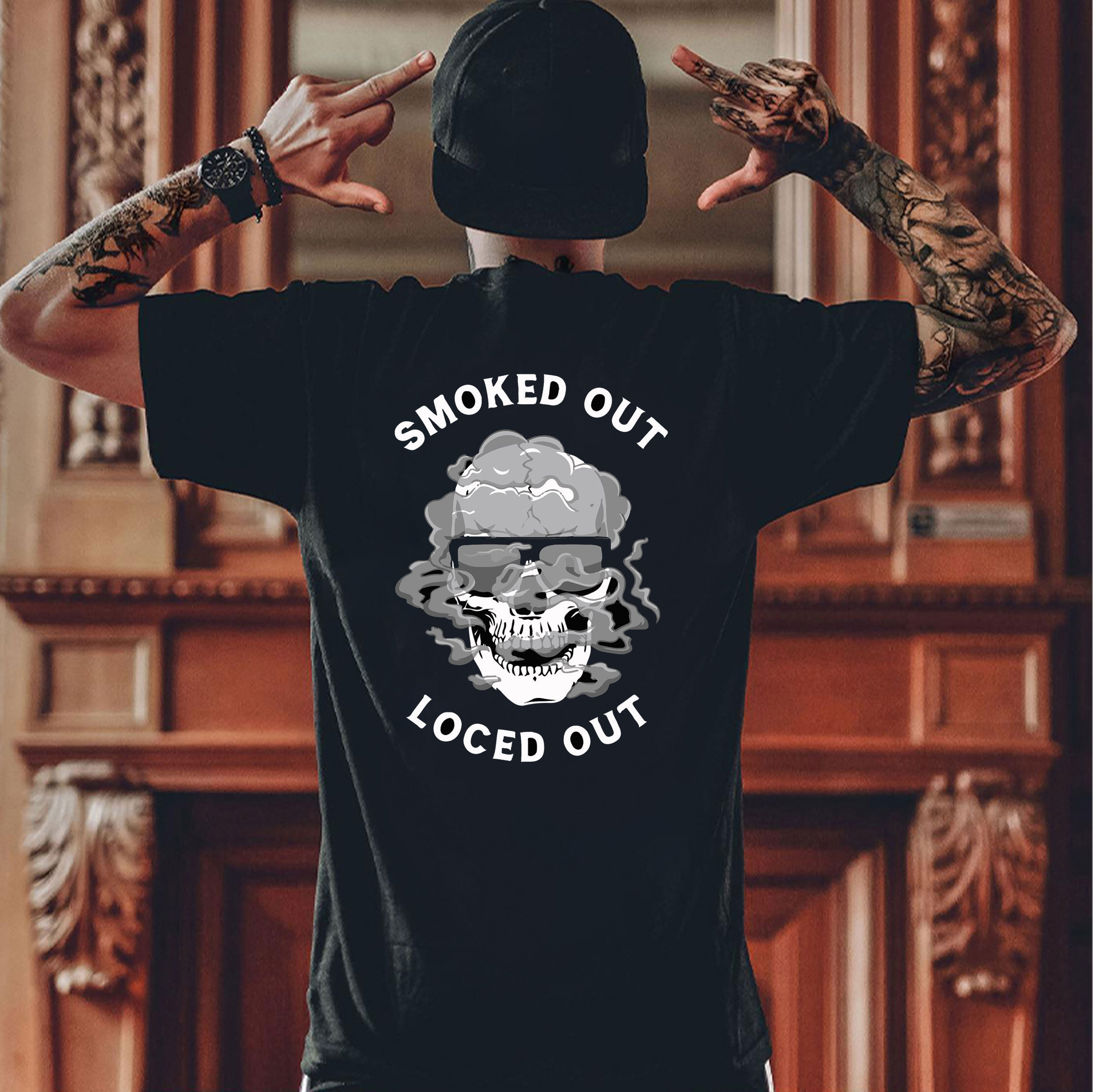 SMOKED OUT LOCED OUT Skull Black Print T-Shirt