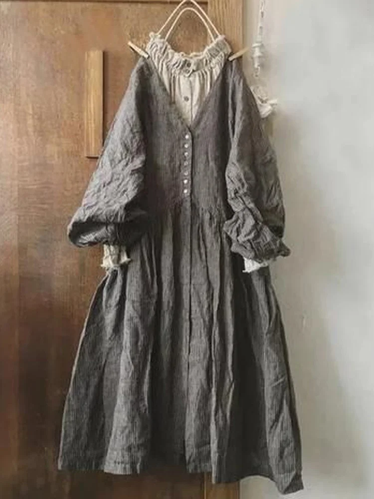 Lässiges Kleid aus Baumwollmischung im Retro-Landhausstil in Volltonfarbe für Damen