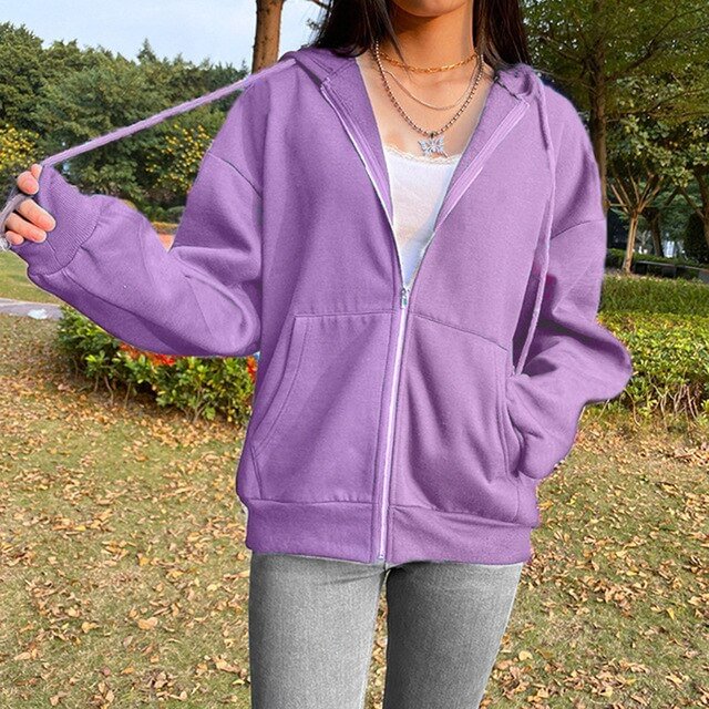 Y2K Zip Hooded Sweatshirt Harajuku Jacket Top Oversized Hoodie Retro Pocket Woman Clothes Loose Long Sleeve Pullover Tops Shirt
