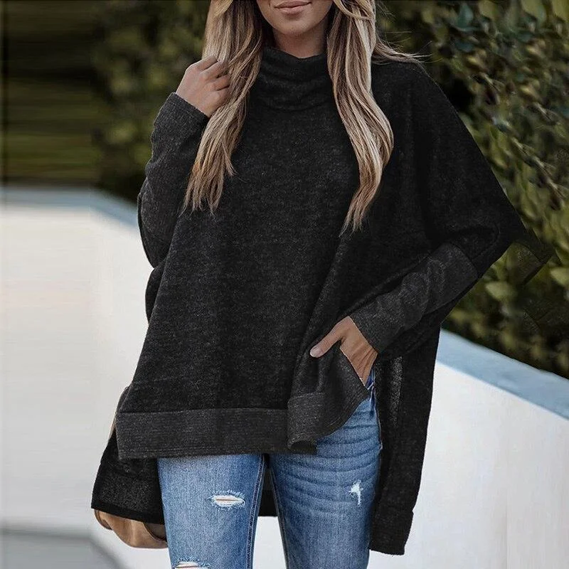 Batwing Sleeve Sweater Women Long Sleeve Turtleneck Side Split Loose Casual Top Woman Autumn Winter Fashion Ladies Pullover