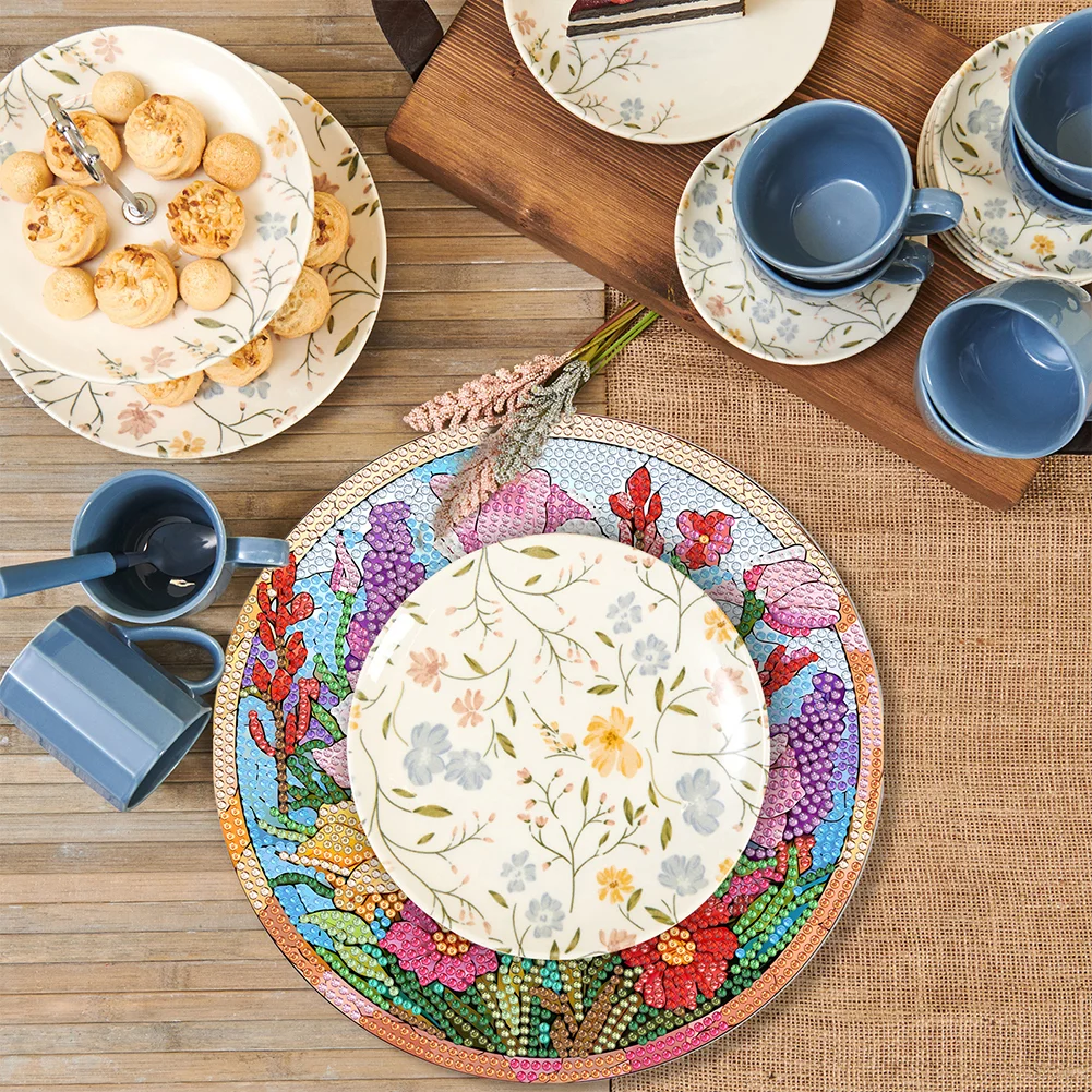 4pcs DIY Bloom Flowers Acrylic Diamond Painted Placemats for Dining Table Decor(19.5cm)