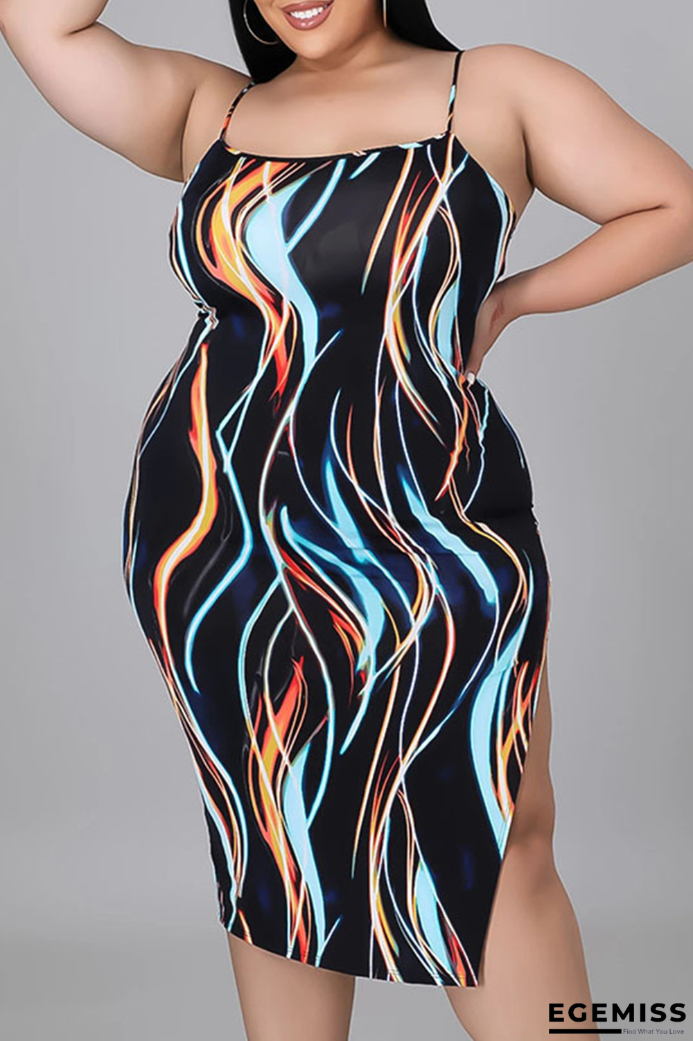Black Sexy Patchwork Tie-dye Spaghetti Strap Pencil Skirt Plus Size Dresses | EGEMISS