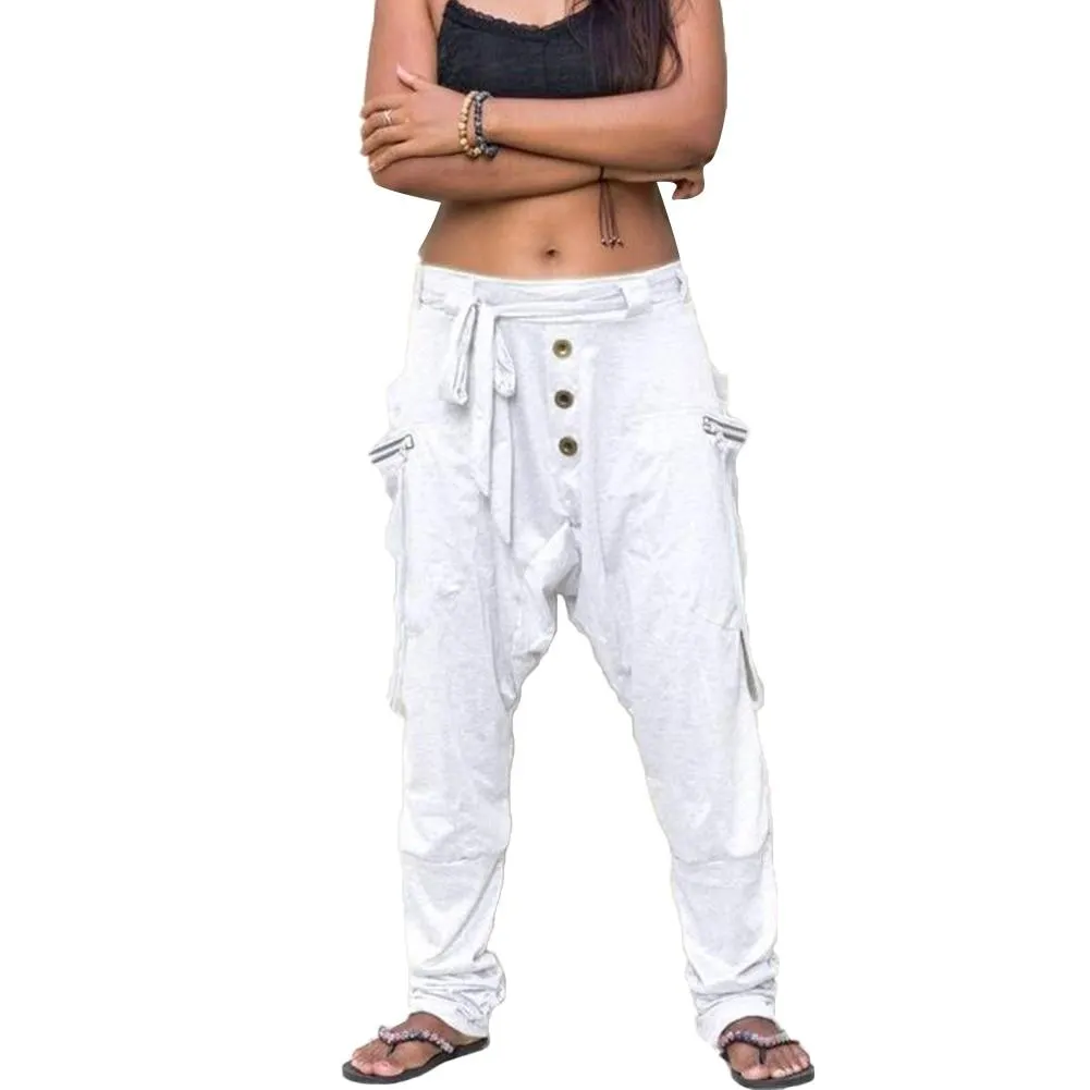 Women Stylish Drop Crotch Waist BeltMa Pockets Harem Pants Long Baggy Trousers
