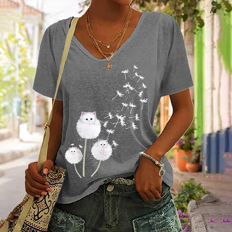 Dandelion Cat Print V-Neck Casual T-Shirt