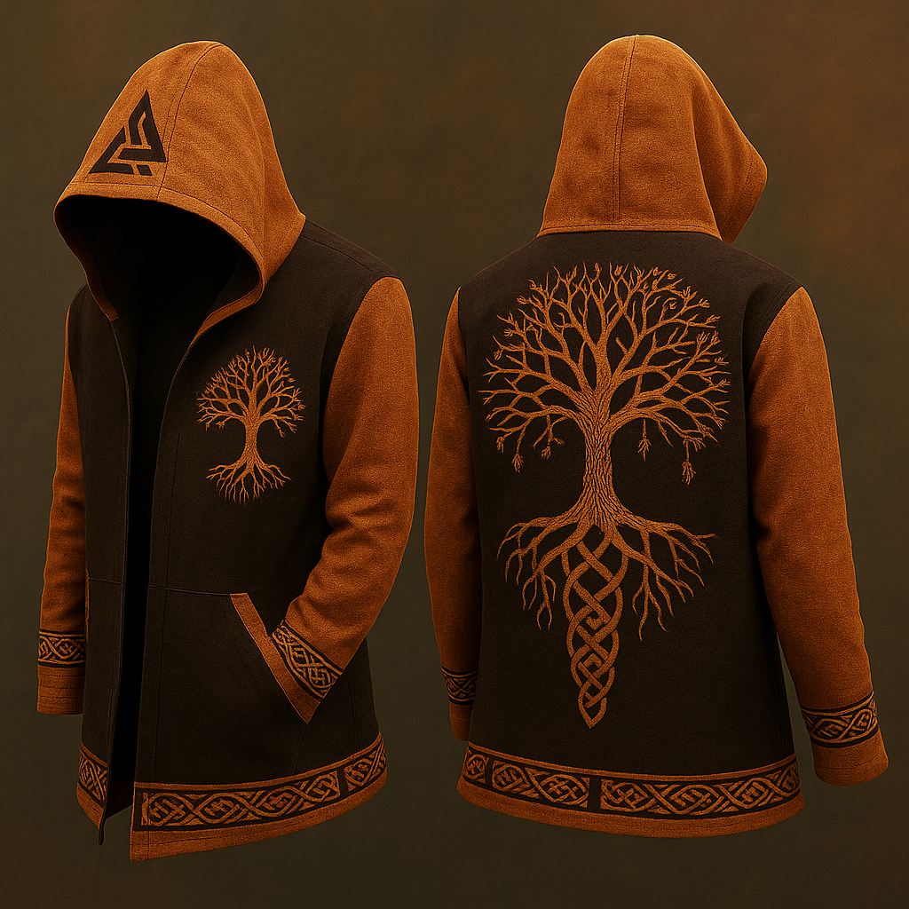 Men's Viking Wood Runes Tree Of Life Vintage Totem Hooded Jacket