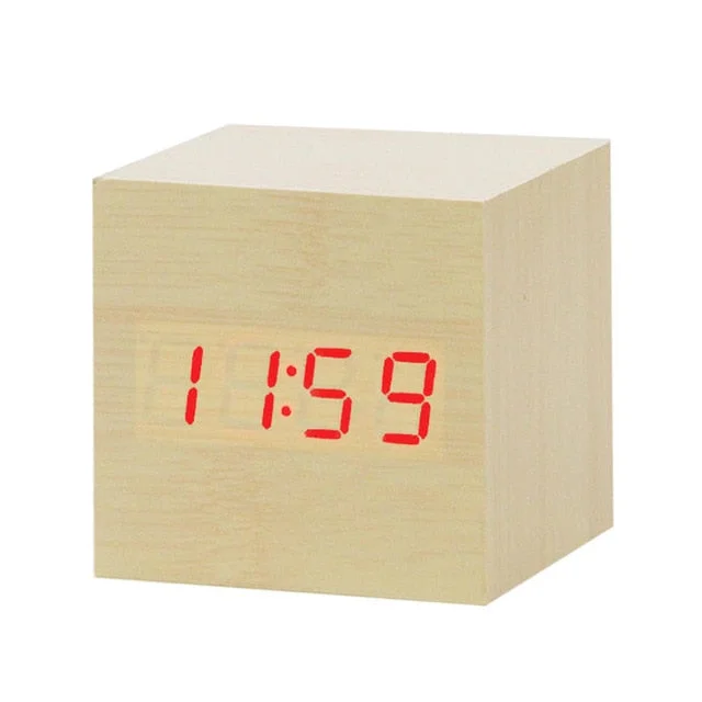 Wooden Digital LED Alarm Clock Voice Control USB/AAA Powered Electronic Table Clock Multifunction Temperature Desk Watch Decor