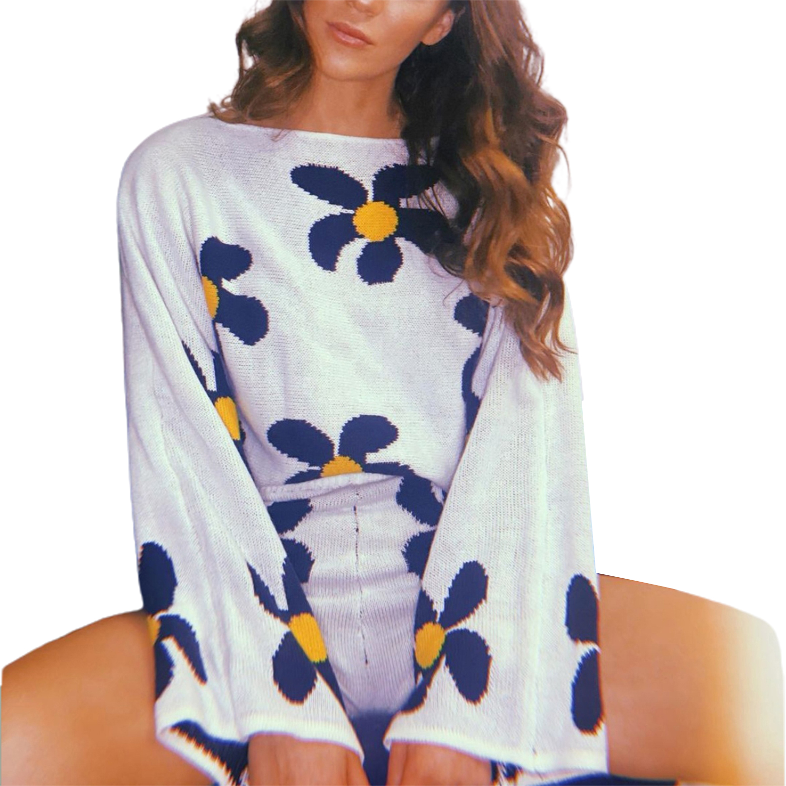 Googlygenius Women’s 2 Piece Fall Outfits, Long Sleeve Off Shoulder Floral Knit Tops + Zip Up Shorts Set