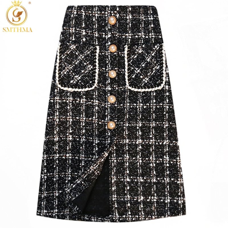 SMTHMA New Vintage Elegant Skirt Women 2021 Autumn Winter High Waist Woolen A-line Skirt Temperament Skirt Female