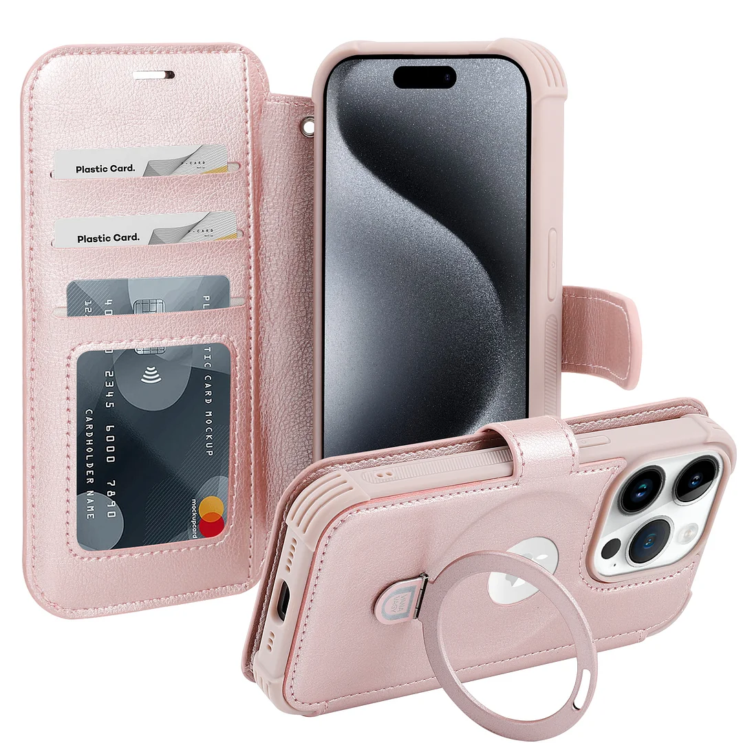 VANAVAGY Wallet Case for iPhone 15 Pro Max Case Magnetic Ring Holder Flip Shockproof Leather Phone Case