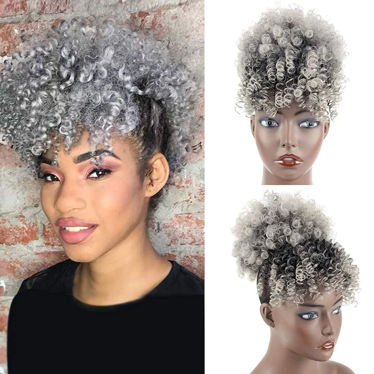 Gray Afro Puff Drawstring Ponytail with Bangs Wigs