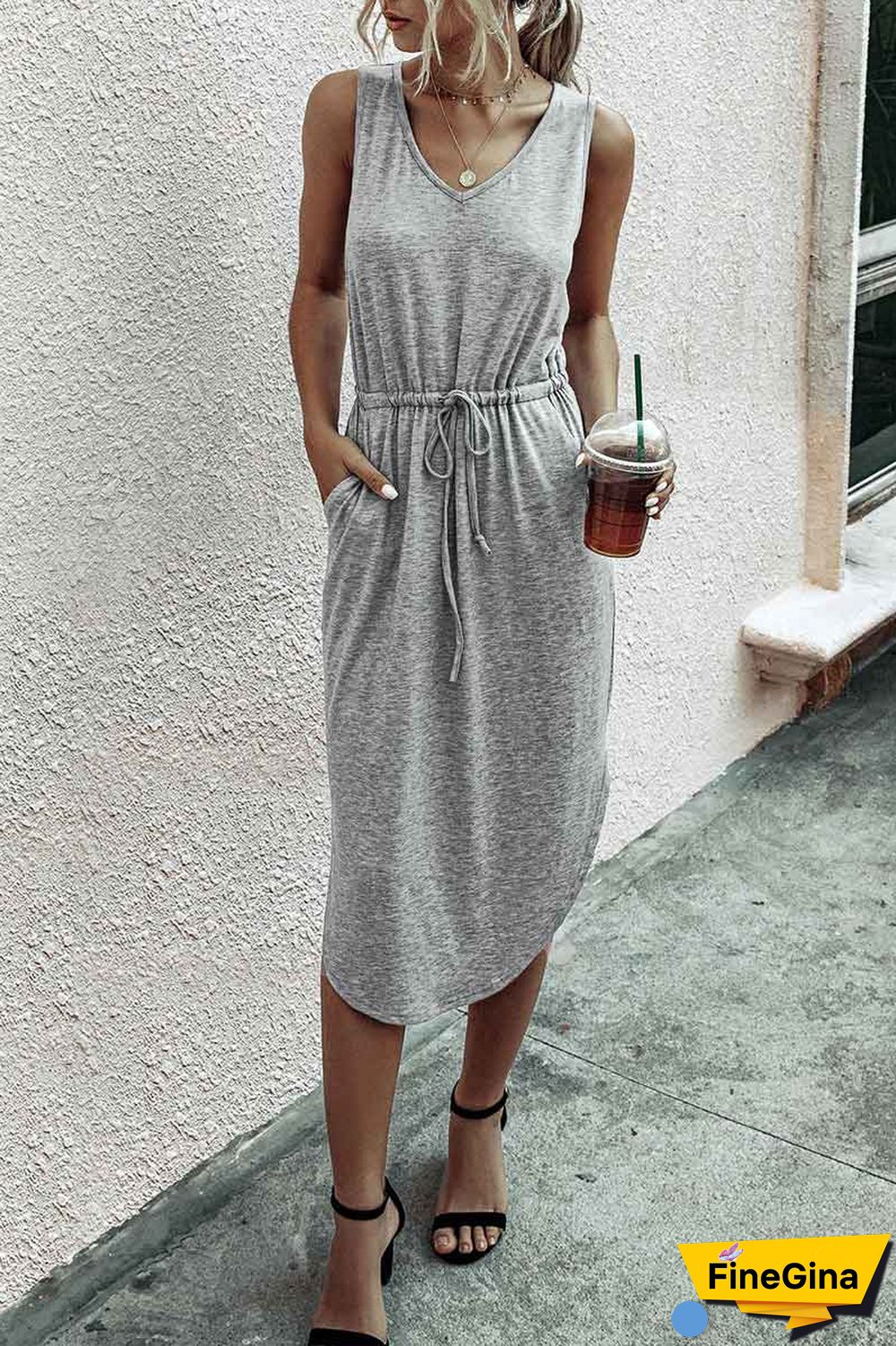 Casual Drawstring Tank Dress With Pocket