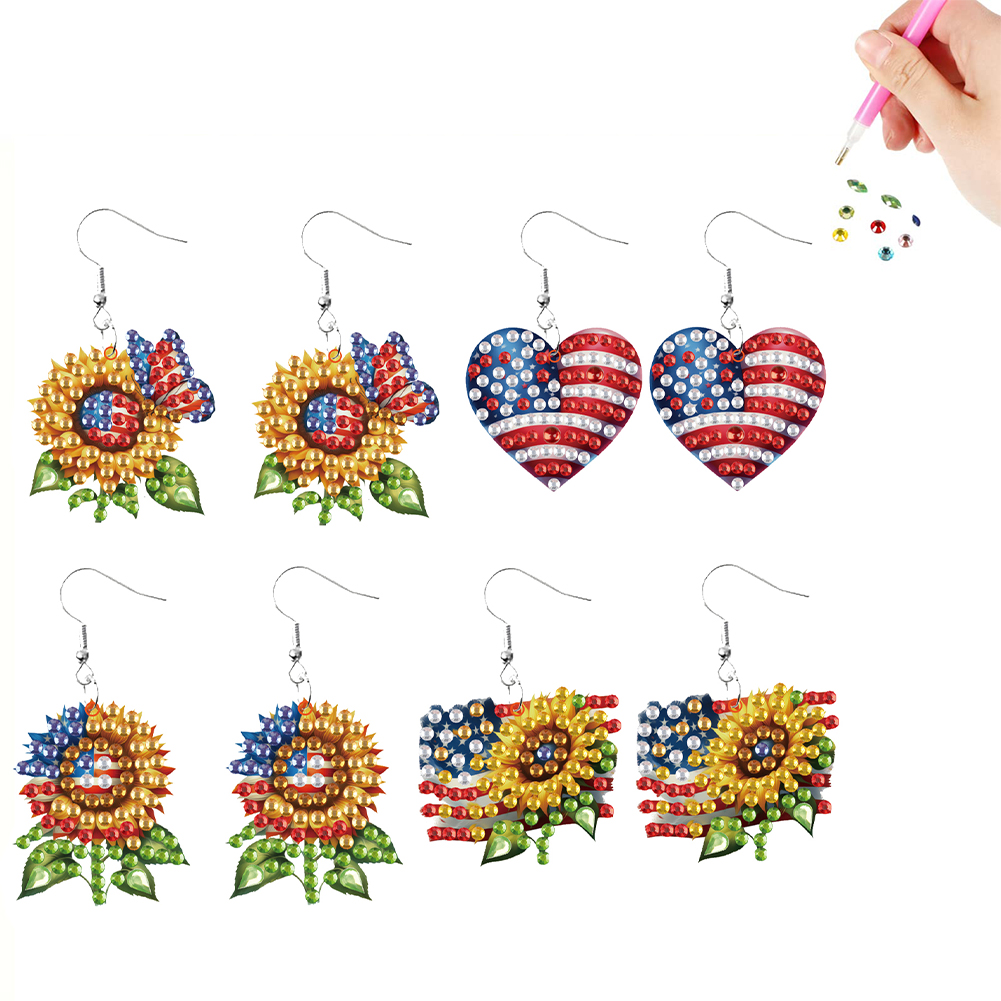 4 Pairs Double Sided Sunflower Flag Diamond Painting Earrings for Women Girls