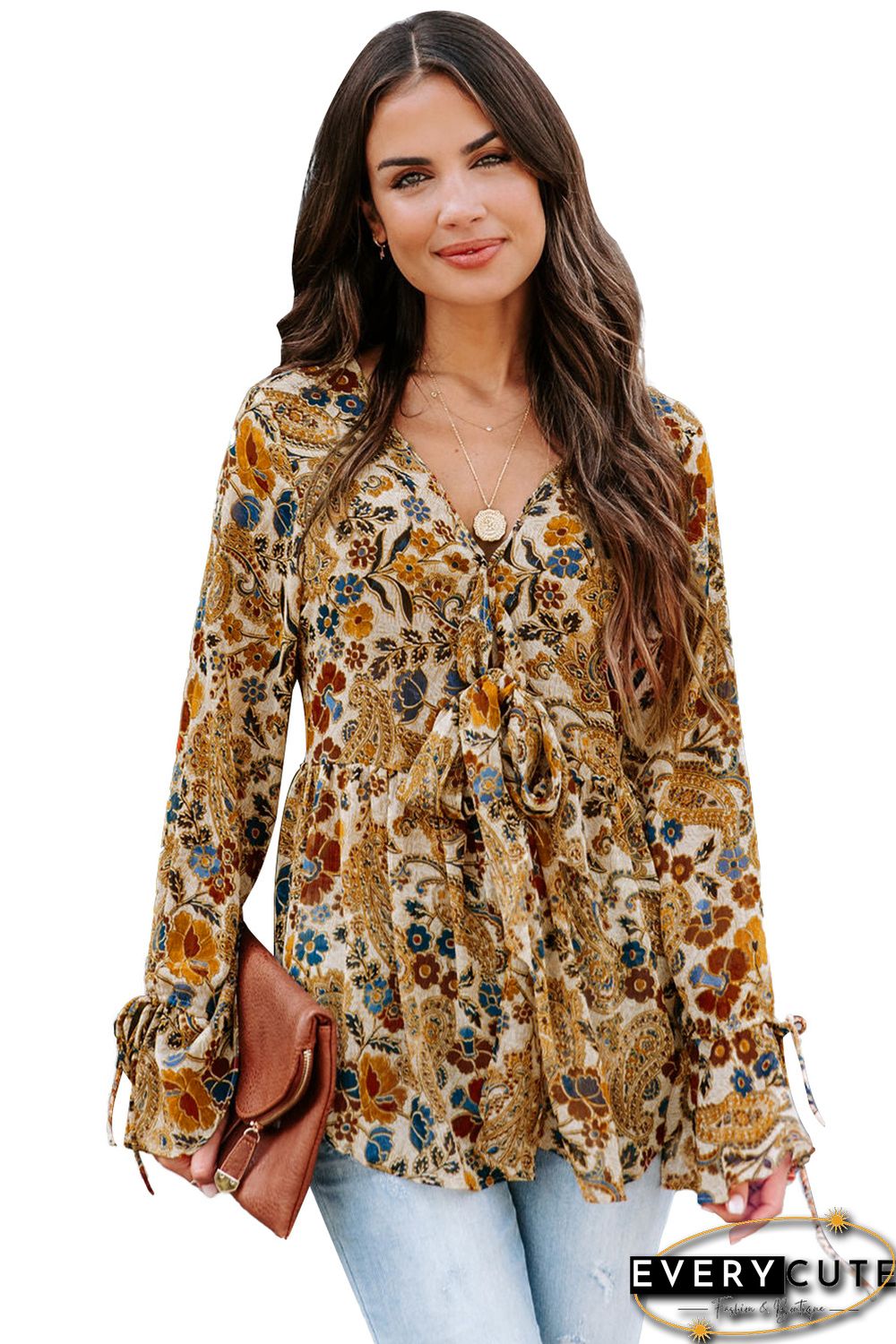 Multicolor Floral Printed Front Tie V Neck Blouse