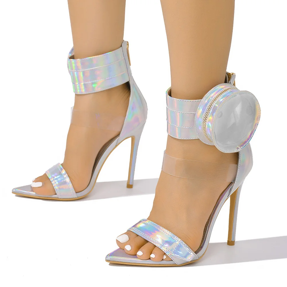 Silver Holographic  Opened Pointed Toe Ankle Band Sandals With Stiletto Heels Nicepairs