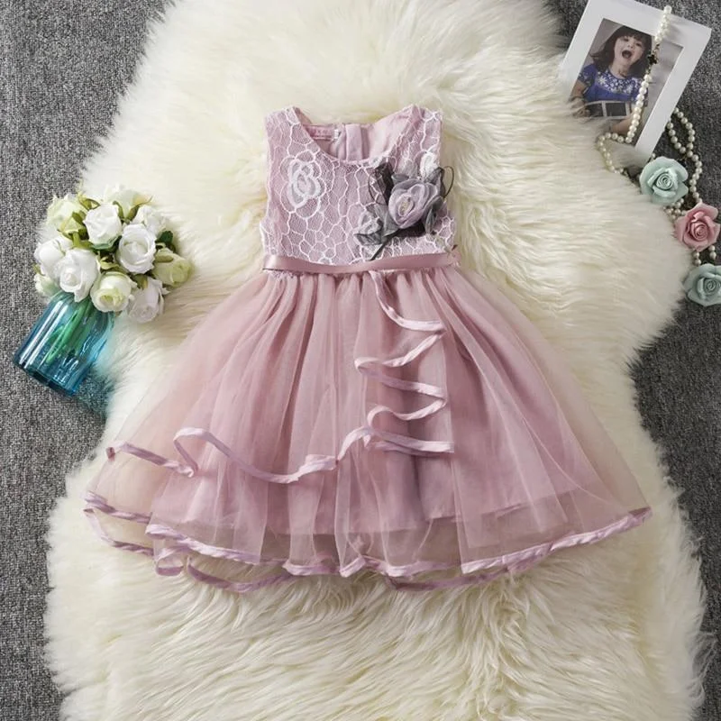 Flower Toddler Girls Mesh Tulle Dresses For Kids Vintage Summer Sleeveless Elegant Party Tutu Vestidos Children Baby Clothes