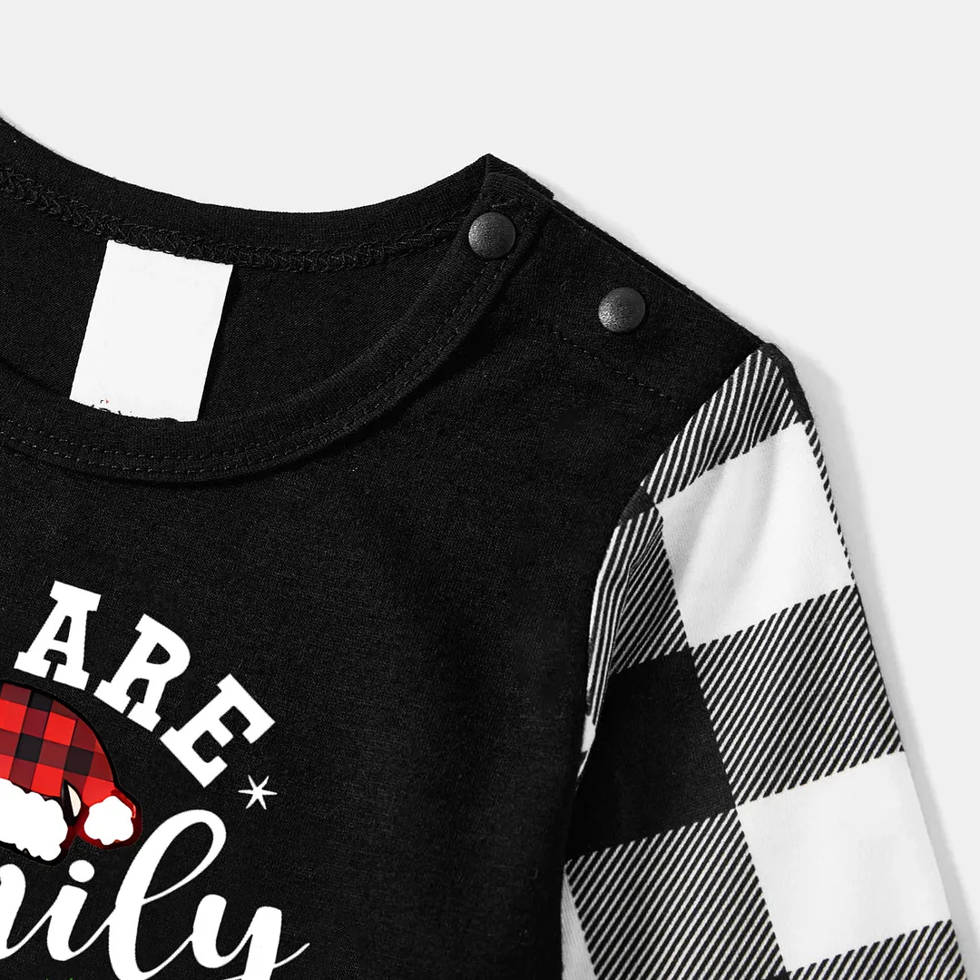 "We are Family" Santa Hat Monogram Print Black Long Sleeve Top with Black And White Plaid Pants Family Matching Pajamas